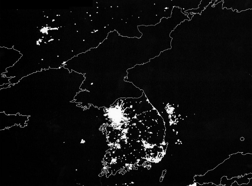 Satellite image showing the Korean Peninsula at night